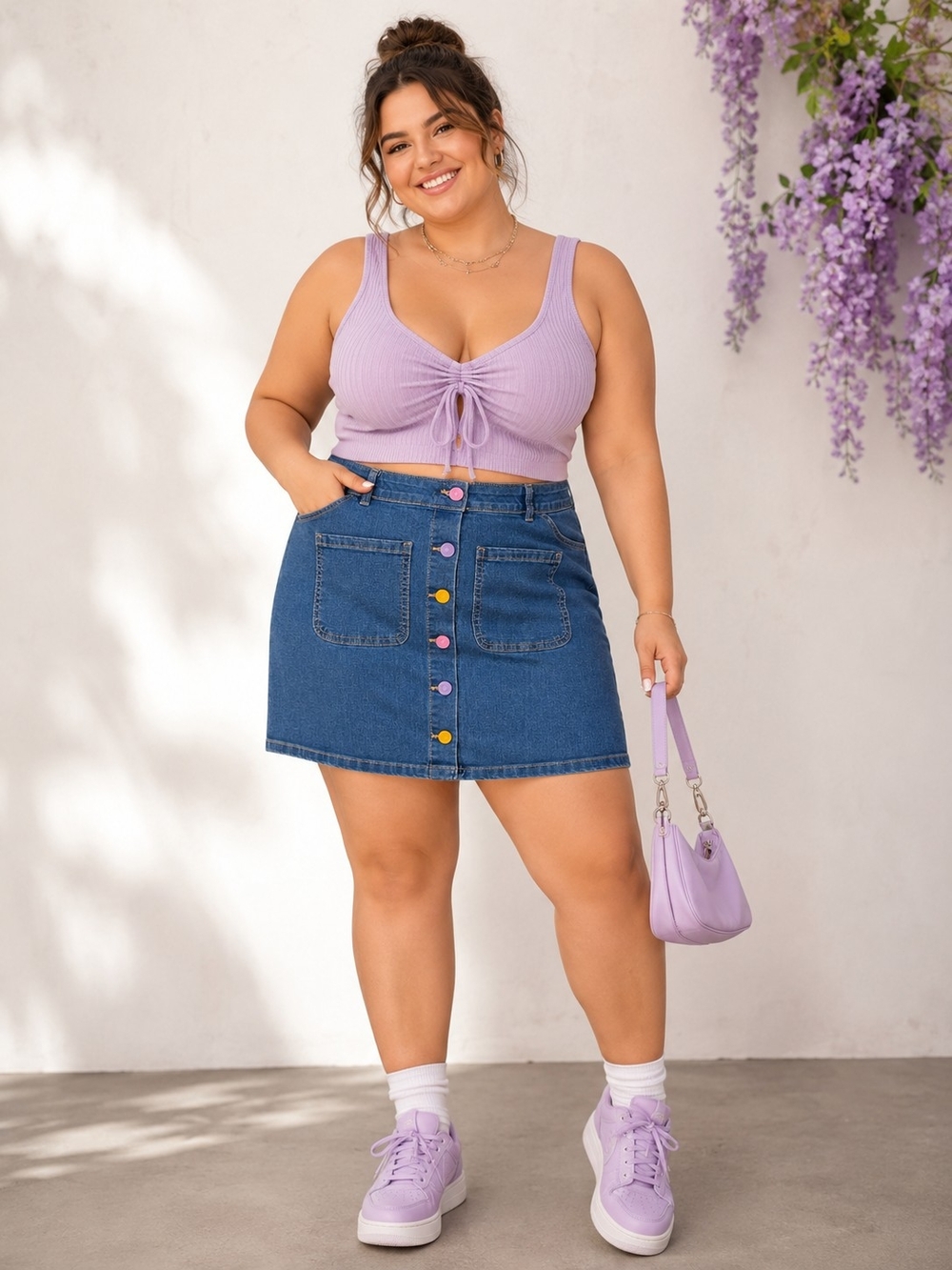 Plus-Size Button-Front Denim Mini Skirt in Blue